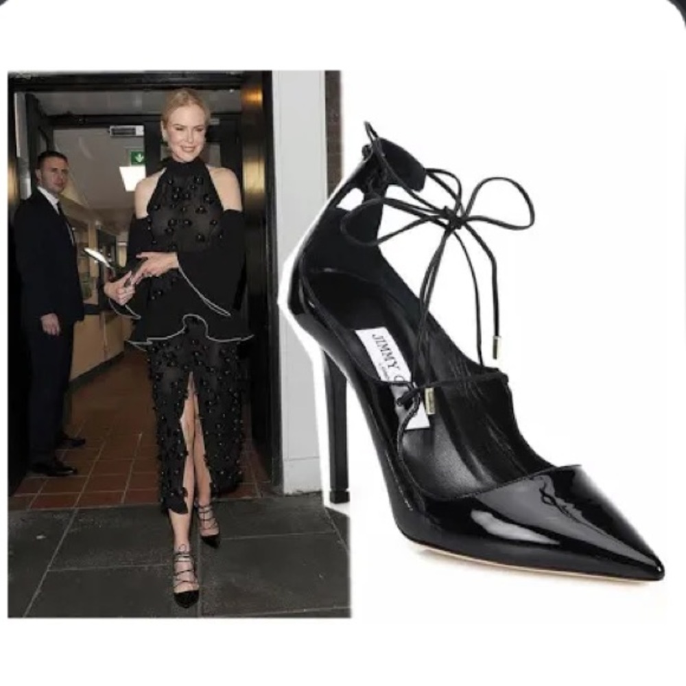 Jimmy Choo Vita 100 black leather pump pointy toe lace up size 36 1/2